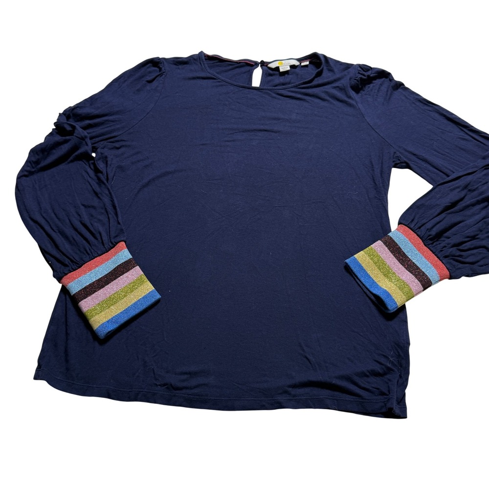 Boden Rainbow Metallic Cuff Top Womens SZ 6 Navy Blue Stripe Sparkle  Preppy